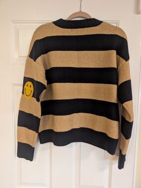 By Together Black and Tan Striped Crewneck Sweater with Smile Patch